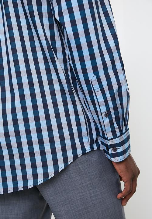 POLO - Mens Easy Care Check Long Sleeve Shirt - Blue