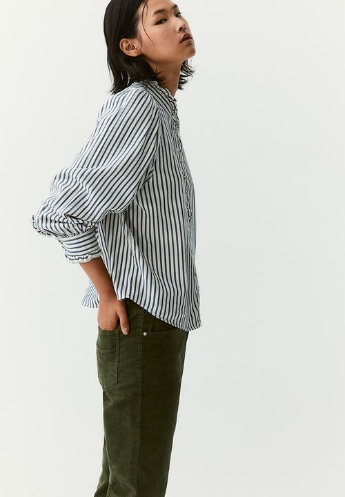 H&M - Frill-trimmed twill blouse - white & navy blue striped