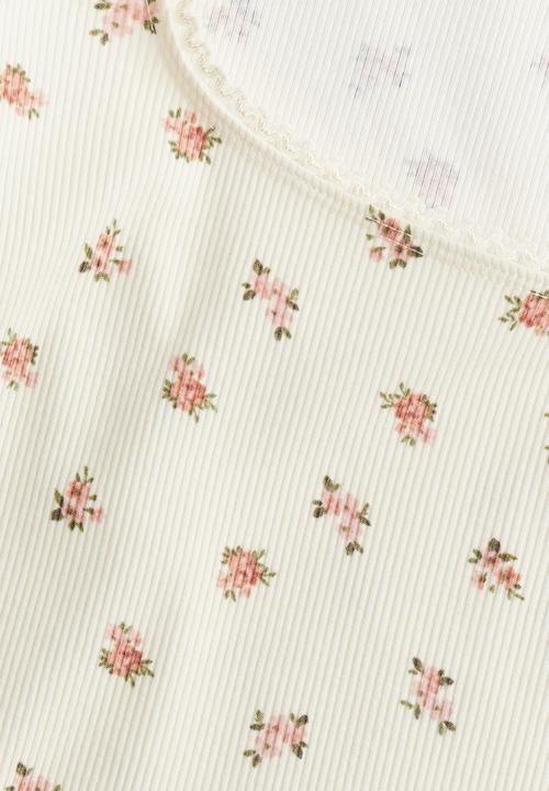 H&M - Picot-trimmed cotton top - light beige floral 