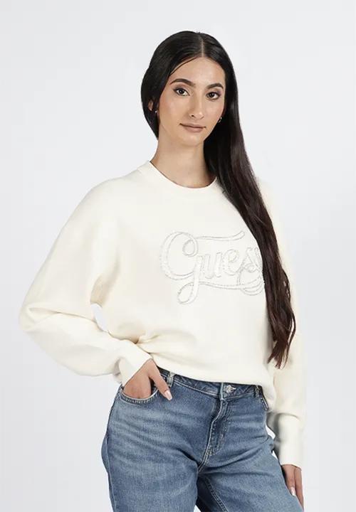GUESS - Laura Logo Rn Ls Swtr - Cream White