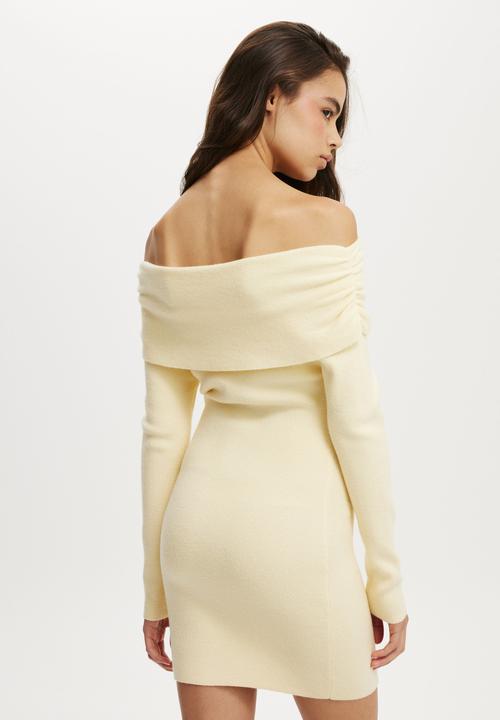 Cotton On - Everfine Gather Off Shoulder Mini Dress - Lemon Icing