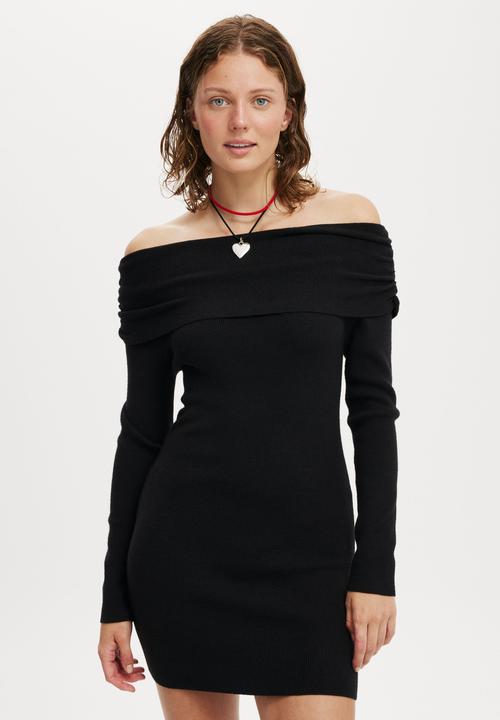 Everfine Gather Off Shoulder Mini Dress - Black