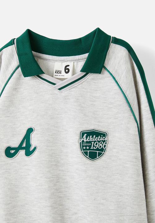 Cotton On - Polo collar fleece top - grey marle w/ varsity green trim