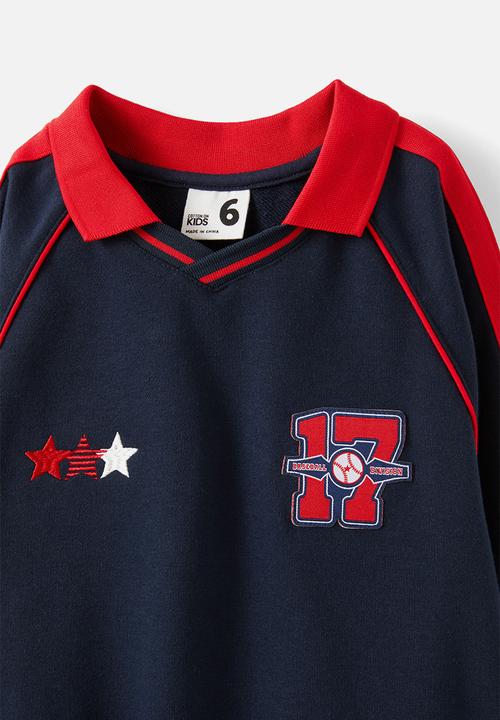 Cotton On - Polo collar fleece top - squid ink w/ varsity red trim