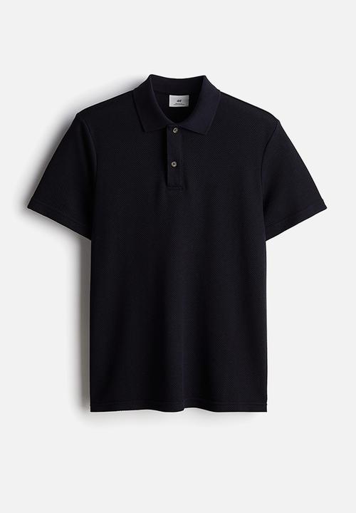 H&M - Regular fit textured-knit polo shirt - navy blue 
