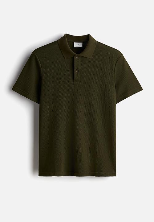 H&M - Regular fit textured-knit polo shirt - dark green 