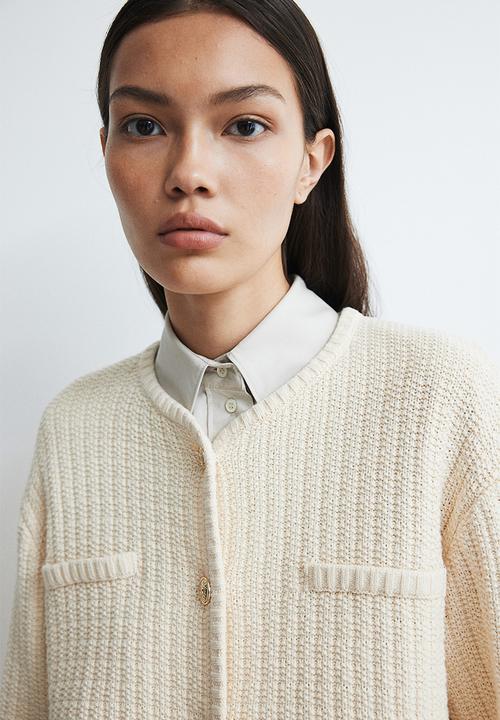 H&M - Short textured-knit cardigan - beige,white