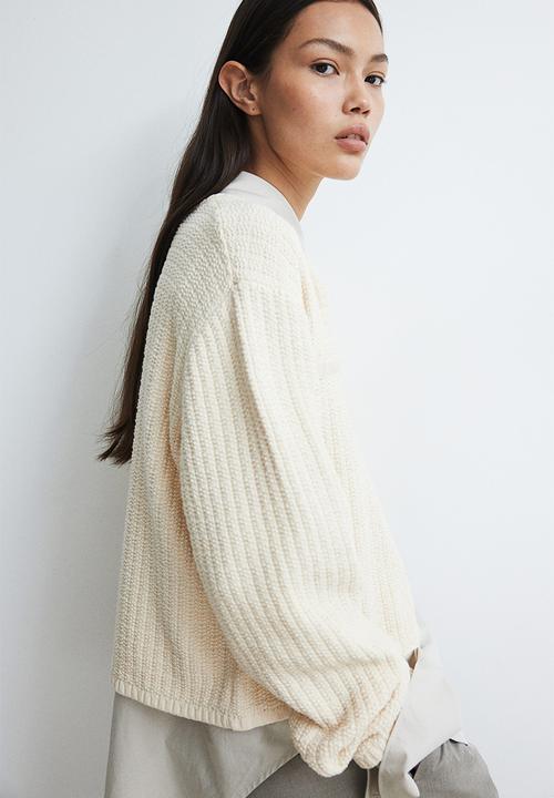 H&M - Short textured-knit cardigan - beige,white