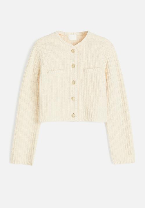 H&M - Short textured-knit cardigan - beige,white