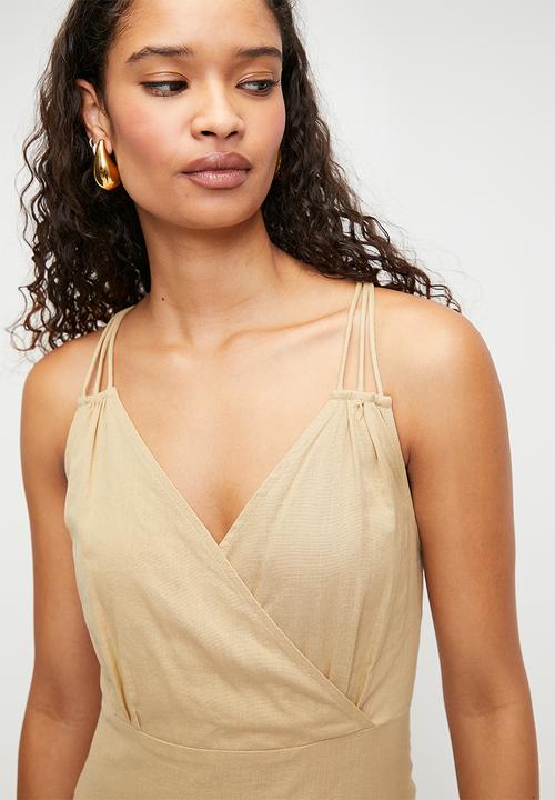 boohoo - Ring detail linen look maxi dress - stone