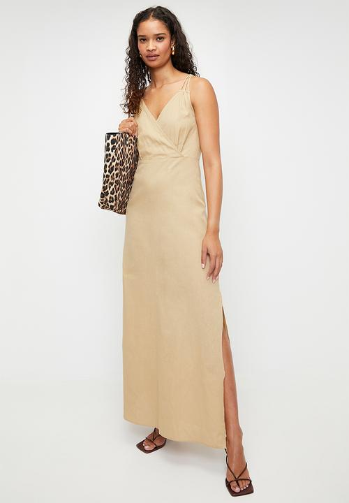 boohoo - Ring detail linen look maxi dress - stone