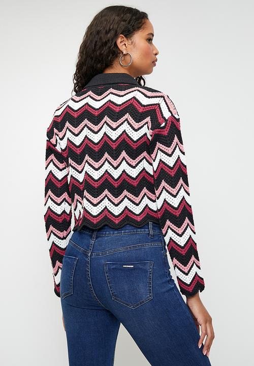 SISSY BOY - HENNEYSEY: Open-Work Zigzag Knit Collared Top - Multi