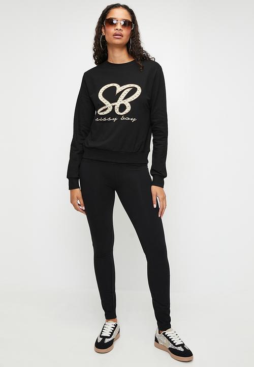 SISSY BOY - LAETITIA: Satin Embroidered Applique Logo Sweat Top - Black