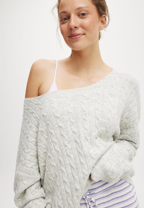 Cotton On - Cable Off The Shoulder Knit Jumper - Light Grey Marle