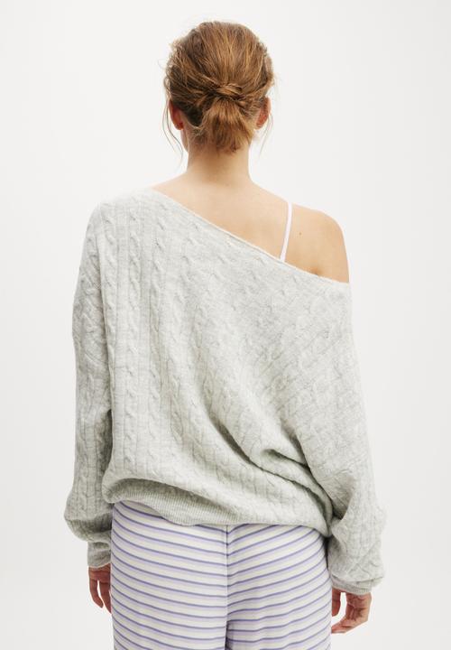 Cotton On - Cable Off The Shoulder Knit Jumper - Light Grey Marle