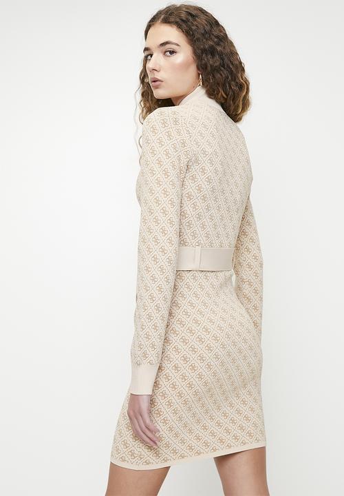 GUESS - Lise 4G Ls Belted Dress Swtr - Pearl Oyster Desert Mud Combo