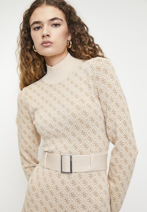 GUESS - Lise 4G Ls Belted Dress Swtr - Pearl Oyster Desert Mud Combo