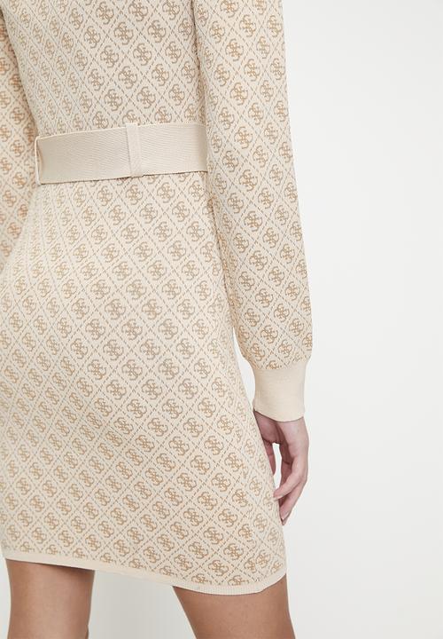 GUESS - Lise 4G Ls Belted Dress Swtr - Pearl Oyster Desert Mud Combo
