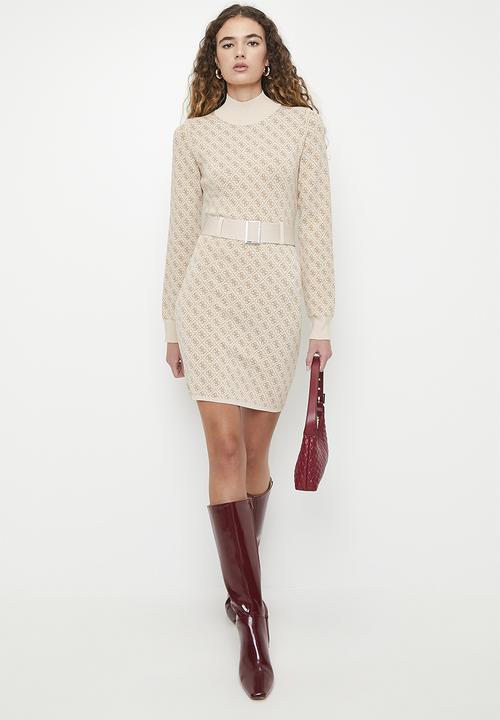 GUESS - Lise 4G Ls Belted Dress Swtr - Pearl Oyster Desert Mud Combo