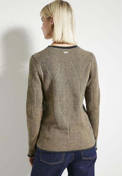 POLO - Wmn alex ls textured knit jersey - dark green & brown