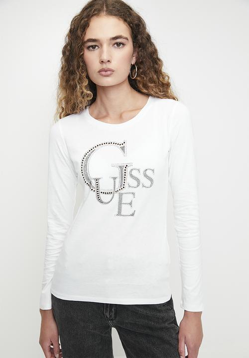 GUESS - Ls Rn Guess Studded Logo Tee - Pure White