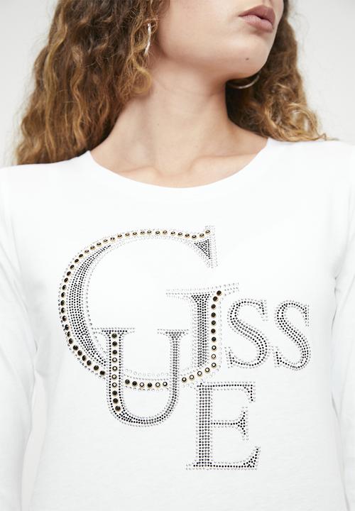 GUESS - Ls Rn Guess Studded Logo Tee - Pure White