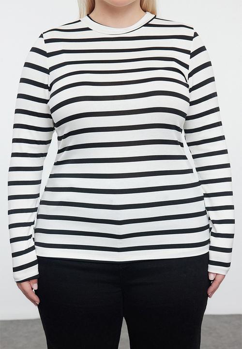Trendyol - Striped Soft Stretchy Plus Size Blouse - Black-White 