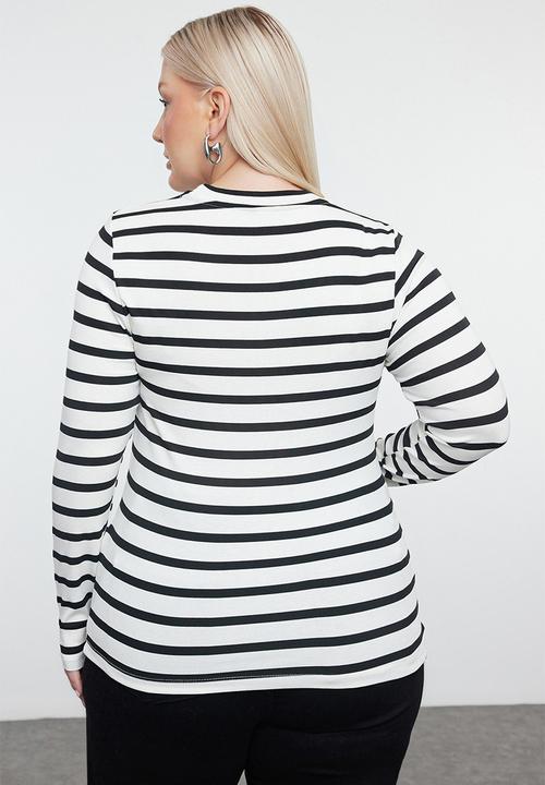 Trendyol - Striped Soft Stretchy Plus Size Blouse - Black-White 