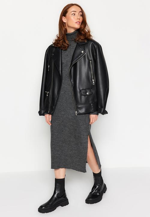 Trendyol - Midi knit wide pattern soft texture dress - anthracite