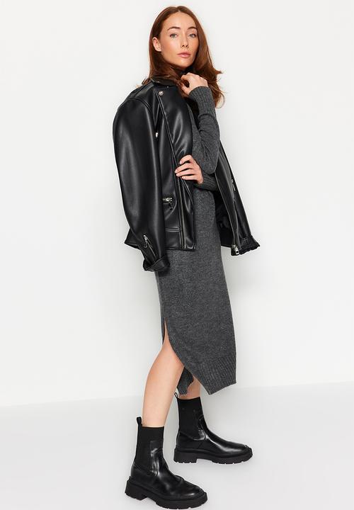 Trendyol - Midi knit wide pattern soft texture dress - anthracite