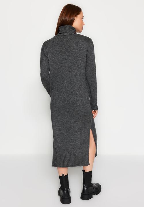 Trendyol - Midi knit wide pattern soft texture dress - anthracite