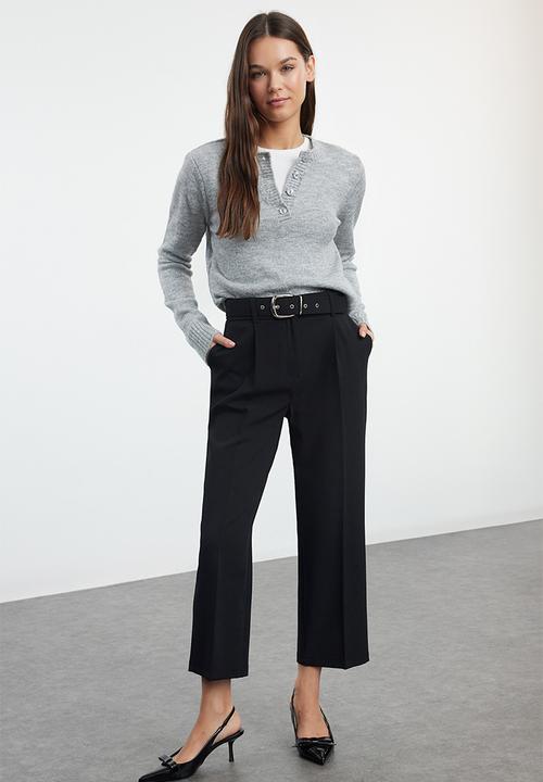 Trendyol - Belted ankle length woven fabric trousers - black