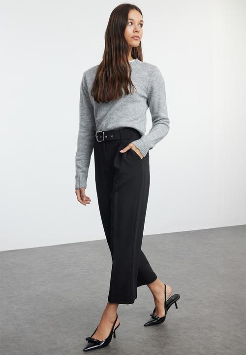 Trendyol - Belted ankle length woven fabric trousers - black