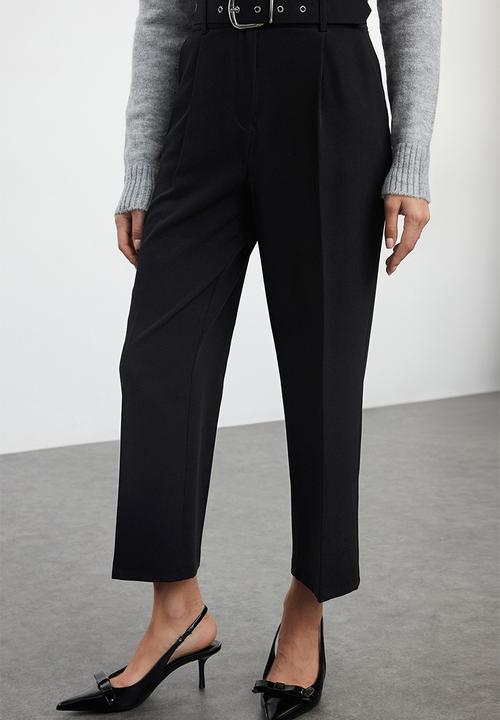 Trendyol - Belted ankle length woven fabric trousers - black