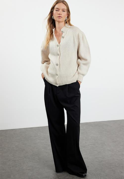 Trendyol - Soft texture jewel buttoned jacket look knitwear cardigan - stone 