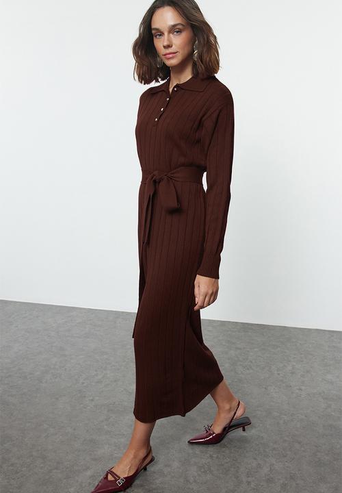 Trendyol - Belted buttoned polo collar knitwear corduroy sweater - brown