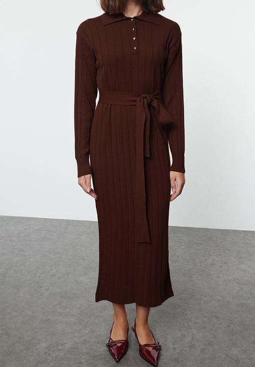 Trendyol - Belted buttoned polo collar knitwear corduroy sweater - brown
