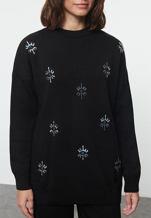 Trendyol - Embroidery eye detailed knitwear bottom-top set - black
