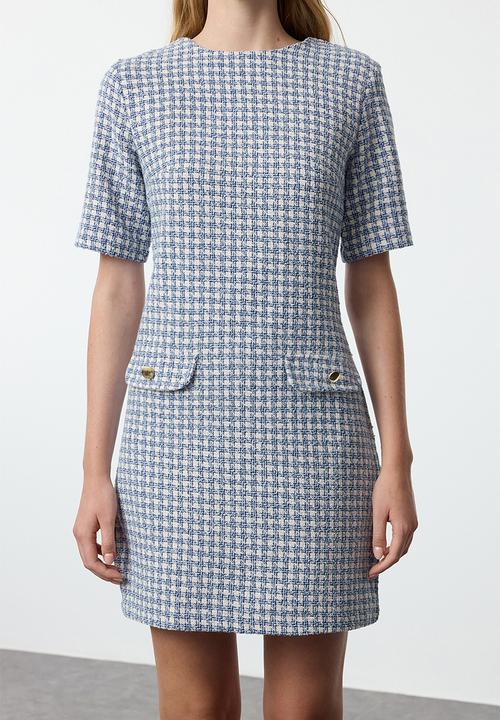Trendyol - Houndstooth straight cut button detailed tweed woven dress - blue
