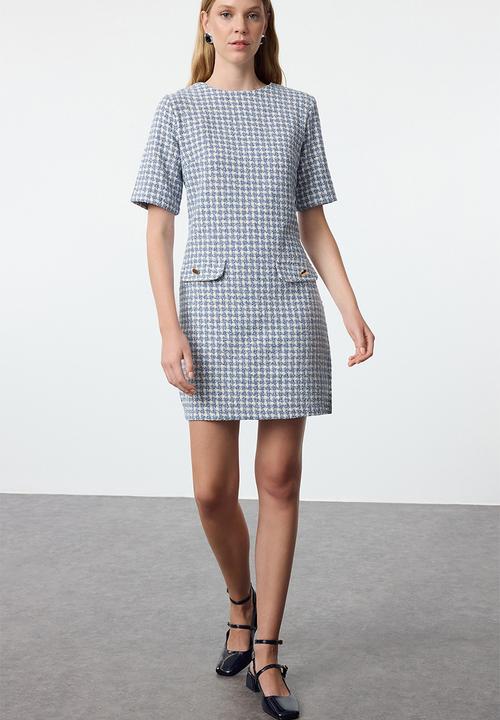 Trendyol - Houndstooth straight cut button detailed tweed woven dress - blue