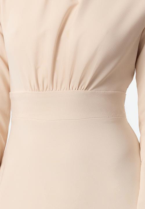 Trendyol - Stand collar skater/waist open midi woven dress - stone