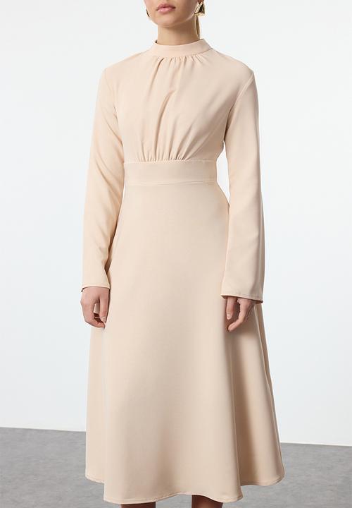Trendyol - Stand collar skater/waist open midi woven dress - stone