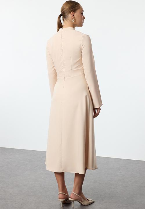 Trendyol - Stand collar skater/waist open midi woven dress - stone