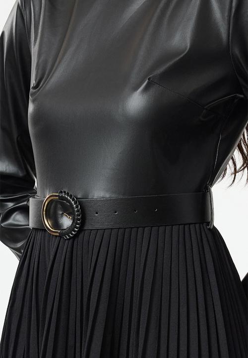 Trendyol - Belted faux leather pleated a-line midi woven dress - black