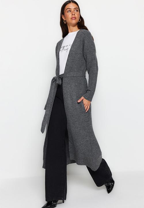 Trendyol - Belted long thessaloniki knitted sweater cardigan - anthracite 