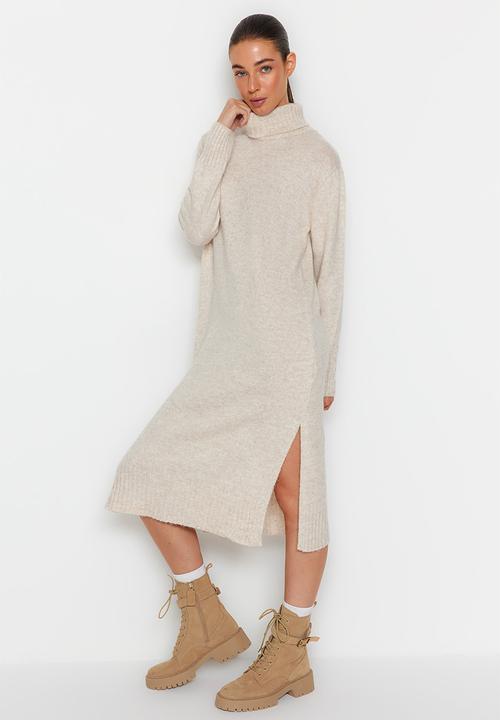 Trendyol - Midi knitwear wide pattern soft texture dress - stone 