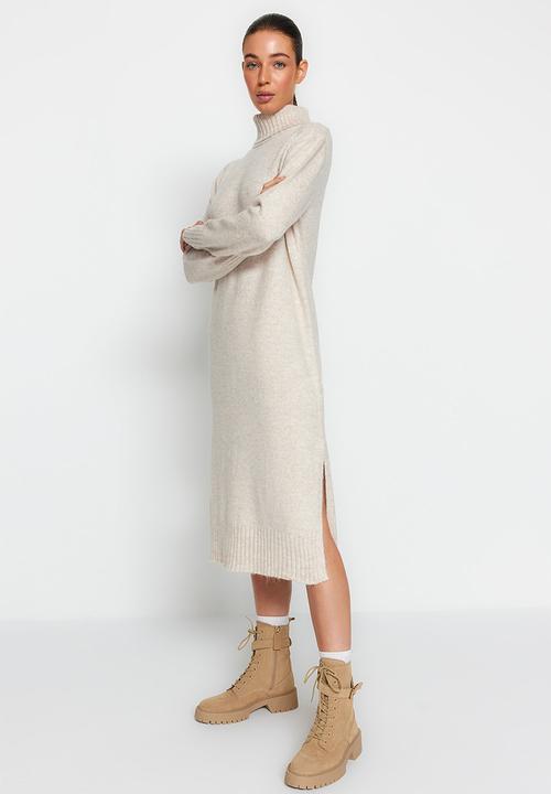 Trendyol - Midi knitwear wide pattern soft texture dress - stone 