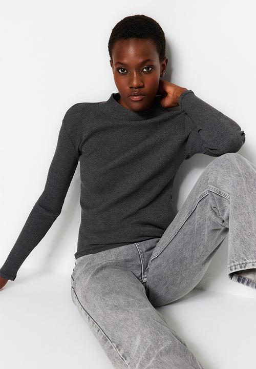 Trendyol - Fitted high collar long sleeve ribbed top - dark anthracite