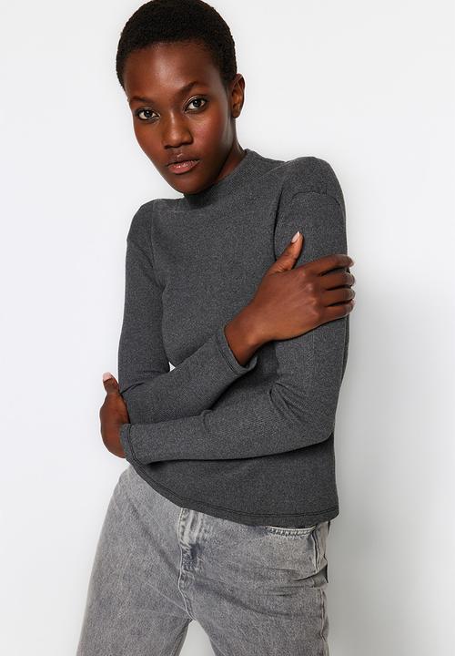 Trendyol - Fitted high collar long sleeve ribbed top - dark anthracite