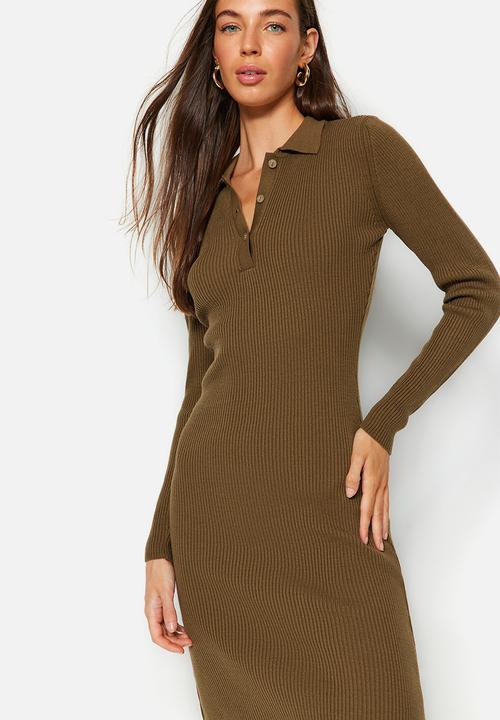 Trendyol - Midi knitwear polo neck dress - khaki